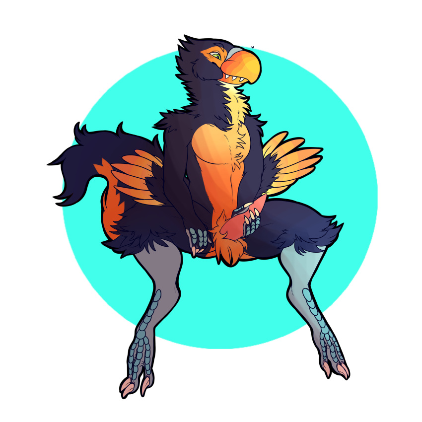 1boy anthro avian beak bird blue_feathers digitigrade dinosaur erection feathers heart male male_only masturbation nude orange_feathers penis raptor simple_background solo spread_legs spreading terrorbird theropod toucan two_tone