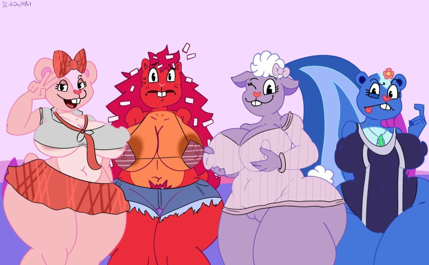 anthro ass big_breasts big_butt bikini bikini_top blue_body blue_skin bottomwear bovid bow_ribbon breasts caprine chipmunk clothing day74art eulipotyphlan female flaky_(htf) genitals giggles_(htf) group happy_tree_friends hi_res lammy_(htf) mammal mephitid nipples nude nude_female petunia_(htf) pink_body pink_skin porcupine pubes purple_body purple_skin pussy red_body red_skin sheep shirt shorts skirt skunk sweater swimwear thick_thighs topwear two-piece_swimsuit