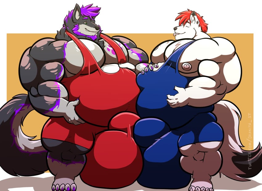 2021 5_fingers 5_toes akita77 anthro areola balls balls_outline balls_touching bear beard belly belly_to_belly big_balls big_belly black_body black_fur black_nose black_tail black_tail_tip blue_wrestling_singlet bulge canid canine canis chest_tuft chrome_(chromeshine350) claws closed_eyes clothed clothed_anthro clothed_male clothing cody_(adamakacody) colored detailed_bulge digital_drawing_(artwork) digital_media_(artwork) dipstick_tail duo english_description eyebrows facial_hair feet finger_claws fingers fluffy fluffy_tail footprint fur genital_outline genitals green_eyes grey_body grey_ear_piercing grey_fur grey_inner_ear hair hand_on_belly hi_res holding_belly holding_own_belly huge_balls hybrid light lighting looking_at_another looking_at_belly male male/male male_anthro mammal markings musclegut muscular muscular_anthro muscular_male muscular_thighs neck_tuft nipples obese obese_anthro obese_male overweight overweight_anthro overweight_male pawprint pawprint_(marking) pecs pink_areola pink_nipples pink_tongue polar_bear purple_beard purple_claws purple_eyebrows purple_facial_hair purple_hair purple_markings rectangle red_eyebrows red_hair red_wrestling_singlet shaded sharp_teeth short_hair simple_background simple_shading standing tail tail_markings teeth toes tongue tongue_out toothy_grin tuft two_tone_tail ursine white_hair wolf wrestling_singlet