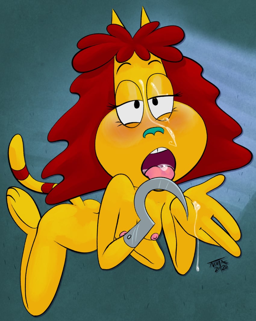 anthro areola ass blush bodily_fluids breasts cum cum_on_face cum_on_hand cum_on_tongue digital_media_(artwork) domestic_cat dr._hutchison felid feline felis female fur genital_fluids hair half-closed_eyes hi_res hook hook_hand kneeling mammal narrowed_eyes nickelodeon nipples nude open_mouth rocko's_modern_life simple_background solo tail tongue tongue_out tvma