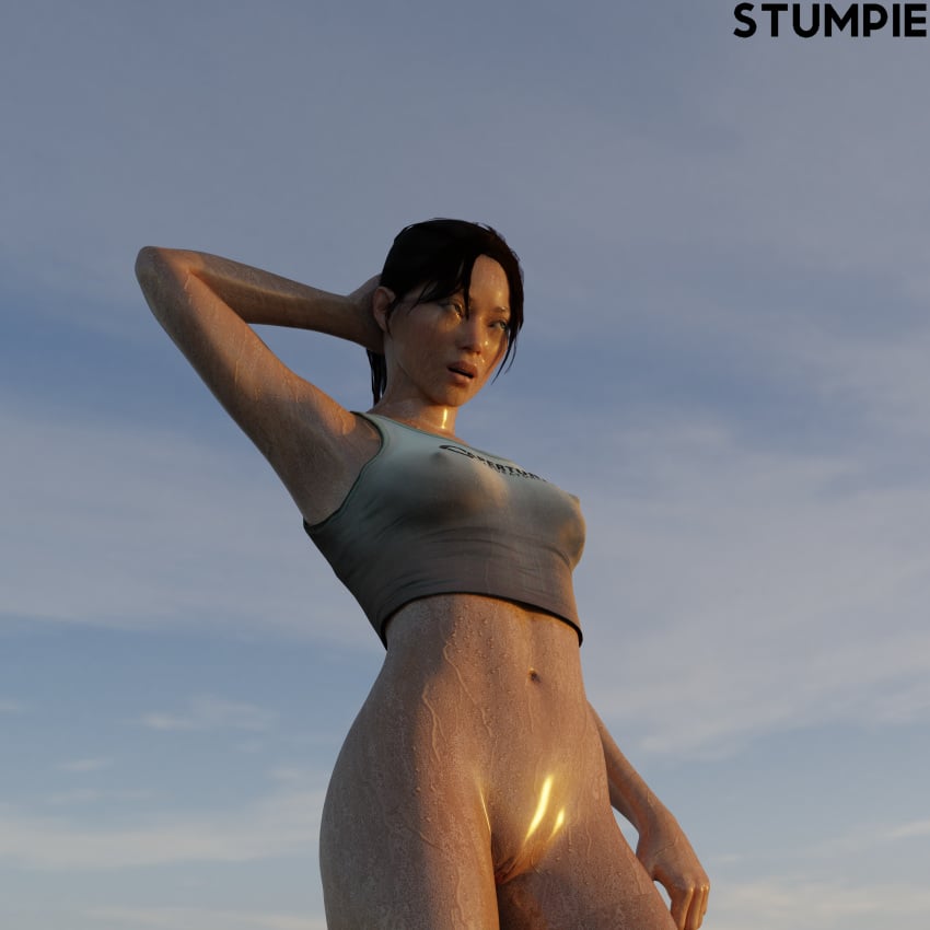 3d asian asian_female blue_eyes blue_eyes_female blush blush brown_hair brown_hair_female chell medium_ass nude_female pale-skinned_female pale_skin ponytail ponytail_female portal_(series) portal_2 pose posing posing_for_the_viewer stumpie sweat sweating sweating_female sweaty