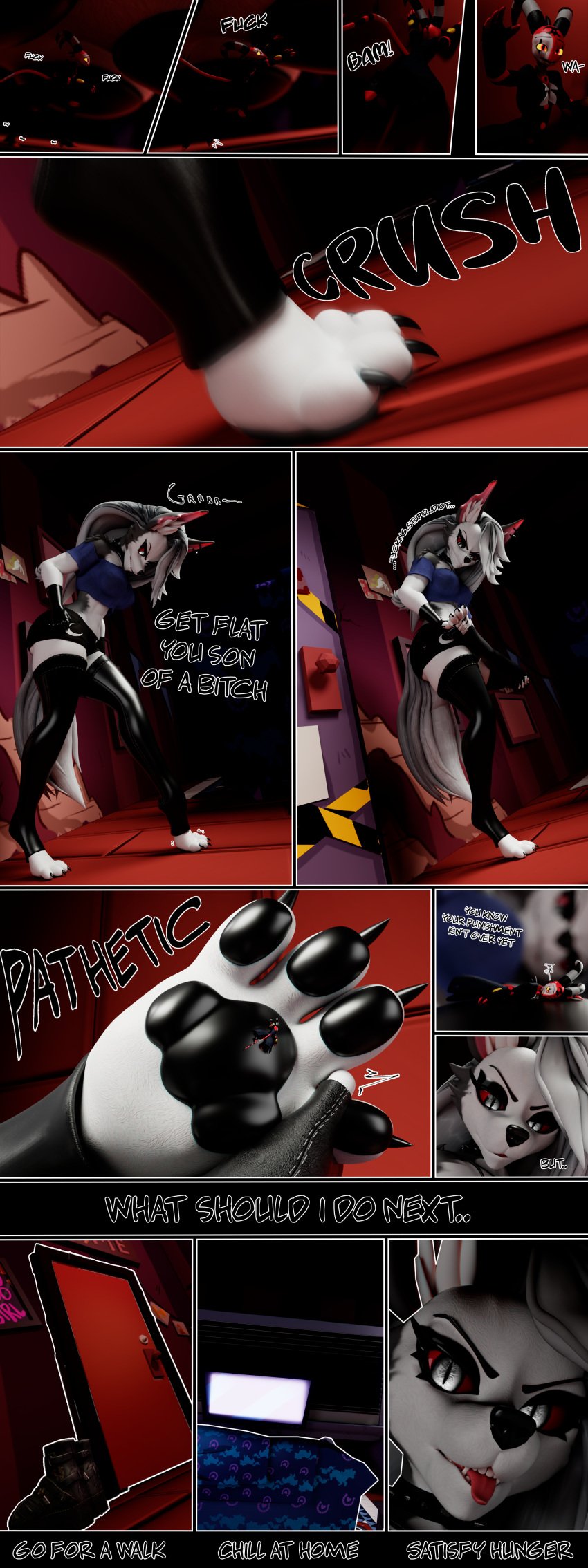 1boy 1girls 3d 3d_(artwork) angry anthro blitzo_(helluva_boss) clothed clothing demon female giantess helluva_boss keynor loona_(helluva_boss) macro micro pawpads paws red_eyes size_difference stepped_on stockings tagme text tongue tongue_out viewed_from_below white_body white_fur white_hair