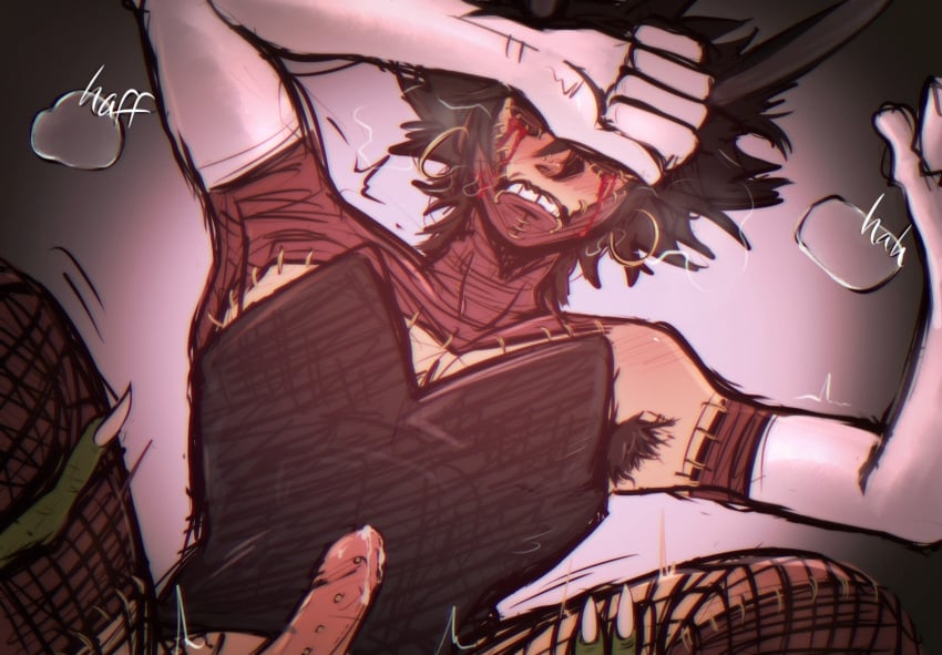 black_hair blood_on_face blush blushing_profusely body_hair covering_face crossdressing crying dabi erect_penis erection fishnets gay gay_sex gecko giver_pov gloves human lizard male_penetrated my_hero_academia on_back piercing playboy_bunny scalie schpeenor shuichi_iguchi spinner_(my_hero_academia) spread_legs todoroki_touya touya_todoroki yaoi