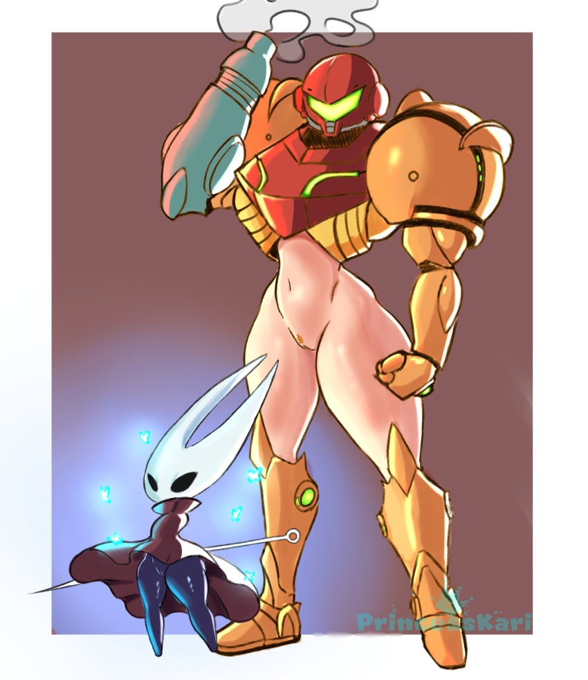 arm_cannon armor arthropod clothing crossover dark_body dark_skin duo female footwear genitals headgear helmet hi_res hollow_knight horn hornet_(hollow_knight) human humanoid light_body light_skin mammal metroid nintendo not_furry pubes pussy samus_aran signature simple_background smoke team_cherry theprincesskari