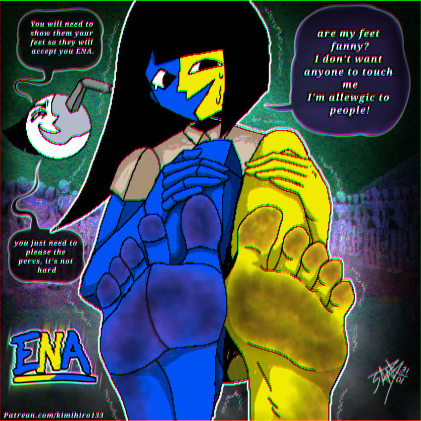 5_toes blue_body blue_skin blue_skinned_female clothed clothed_female dirty dirty_feet ena ena_(series) female female_focus female_only foot_fetish joel_g looking_at_viewer moony_(joel_g) speaking speaking_to_viewer text toes yellow_body yellow_skin yellow_skinned_female