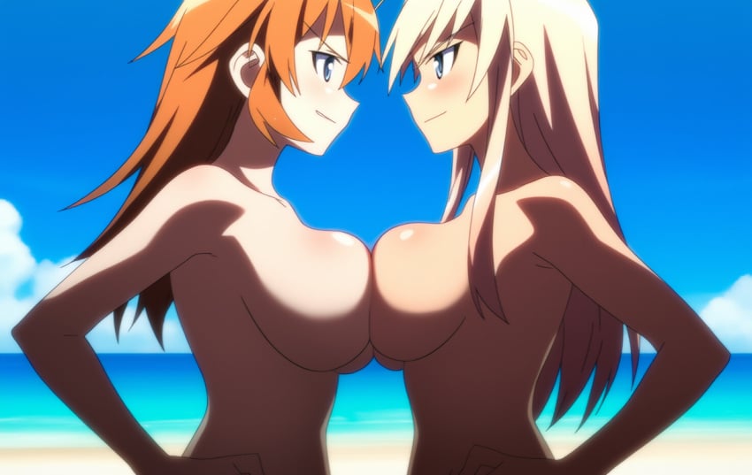 2girls ai_generated beach blonde_hair breast_contest charlotte_e._yeager cloud completely_nude confrontation hand_on_own_hip hanna-justina_marseille large_breasts long_hair looking_at_another novelai nude orange_hair outdoors profile standing strike_witches symmetrical_docking world_witches_series