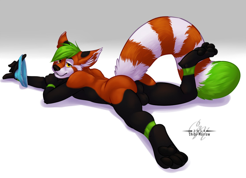 1boy 2014 anthro ass black_fur canine chibi-marrow clothing feet fur furry green_fur hair half-closed_eyes holding looking_at_viewer looking_back male male_only mammal orange_fur original_character pants paws red_panda smile solo stripes tail testicles text underwear yellow_eyes