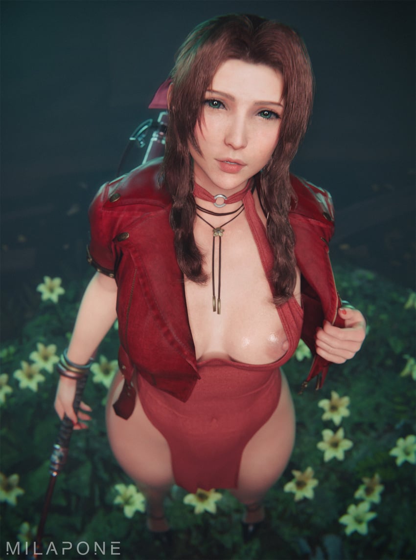 1girls 3d aerith_gainsborough alternate_body_type areolae big_areolae big_thighs blush braided_hair breasts brown_hair detailed_background eyeliner female female_only final_fantasy final_fantasy_vii final_fantasy_vii_remake green_eyes big_hips outdoors outdoor_nudity lipstick long_fingernails long_hair looking_at_viewer medium_breasts milapone nail_polish navel necklace nipples opening_jacket painted_nails red_nail_polish red_jacket sidelocks solo thighs_bigger_than_head very_long_hair full_body high-angle_view loincloth_dress flashing flashing_breasts jacket dress high_heels holding_object holding_weapon 2026 skimpy skimpy_dress flowers flower_bed