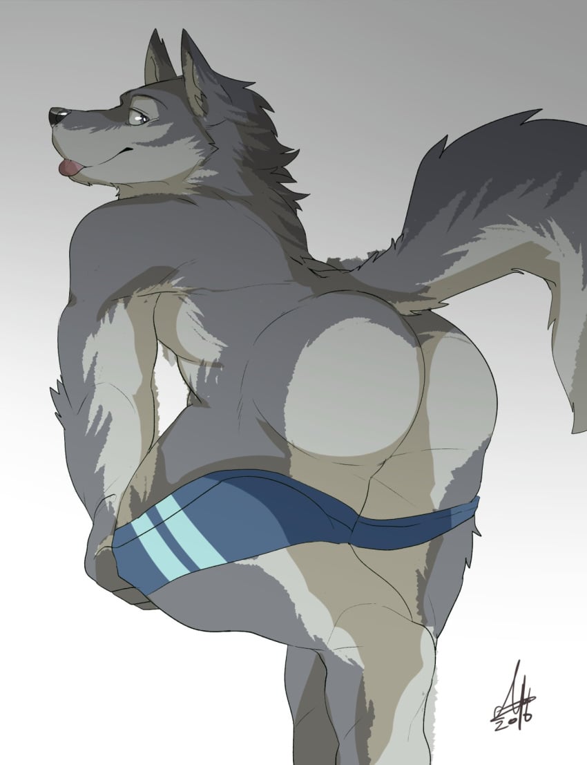 1boy abs anthro ass canine clothed clothing ginnosuke grey_background looking_at_viewer male male_only mammal mooning muscular pants_down partially_clothed pecs presenting presenting_hindquarters rear_view simple_background solo teasing tongue tongue_out