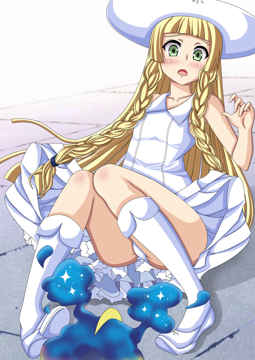 1girls ambiguous_gender artemisumi ass bare_shoulders blush boots braids clothed cosmog dress flat_chest green_eyes hat human lillie_(pokemon) long_hair nebby_(pokemon) nintendo open_mouth panties pokemon pokemon_(species) pokemon_sm sitting sundress tongue upskirt white_background white_panties