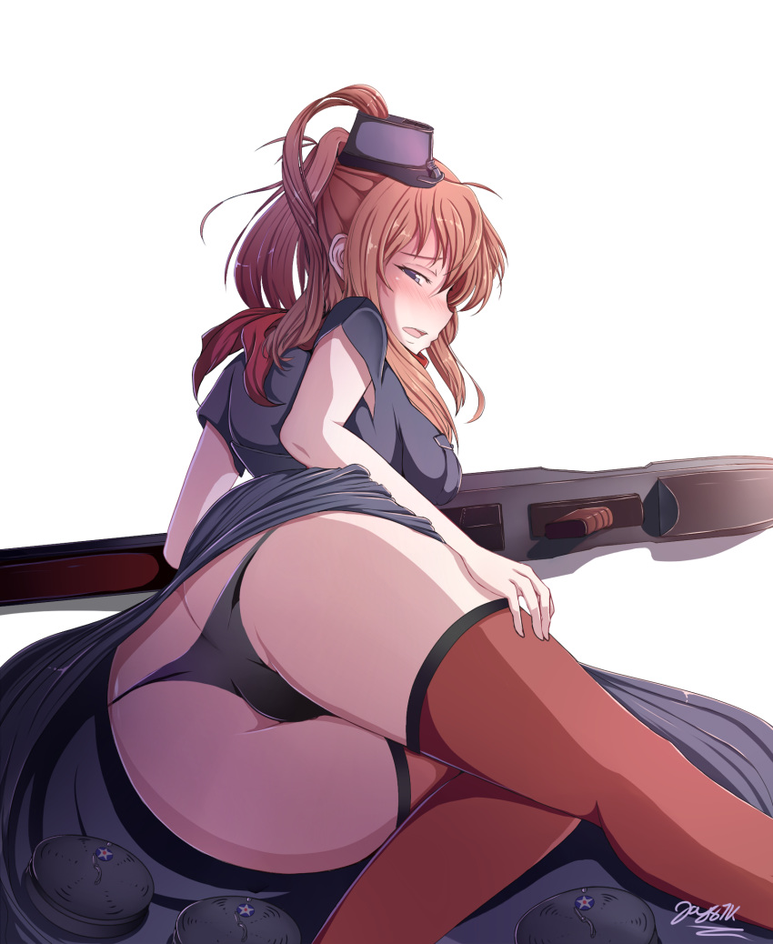 female jay87k kantai_collection saratoga_(kantai_collection) skirt_lift solo thong