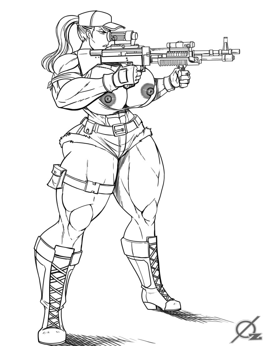 belt boots breasts cap cleavage female female_only gloves gun huge_breasts large_breasts monochrome muscles muscular_female nipples osmar-shotgun ponytail shorts solo thick_thighs thighs weapon