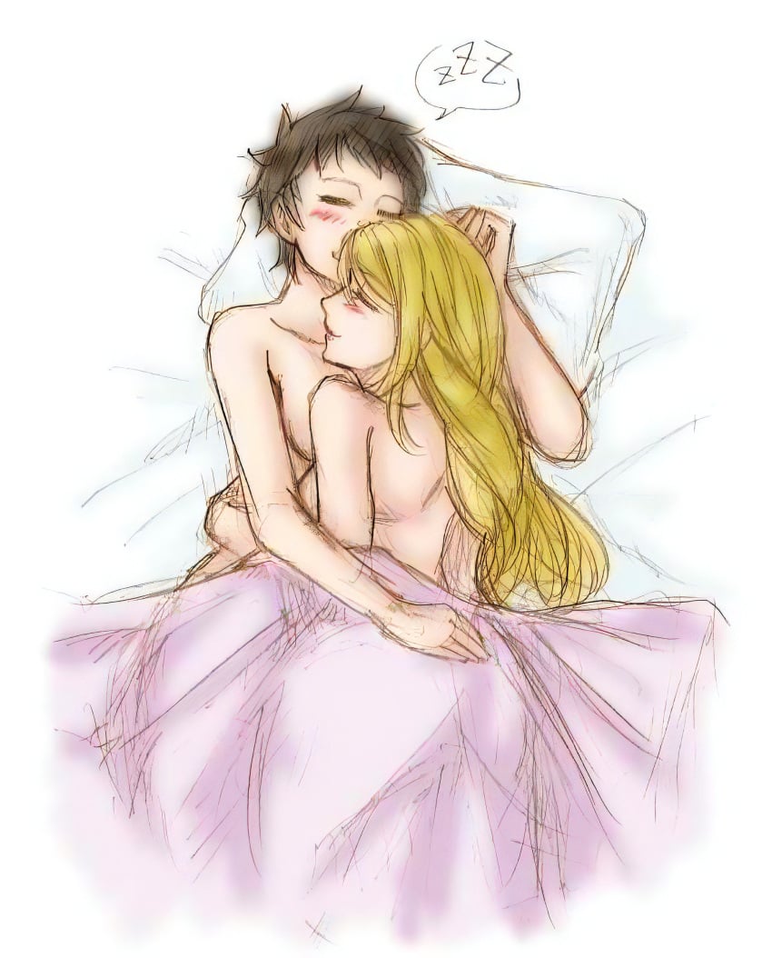 agrias_oaks bed_sheet black_hair blonde_hair blush final_fantasy final_fantasy_tactics final_fantasy_tactics_(original) long_hair lying lying_on_person meliadoul_tengille naked naked_female nude nude_female pillow short_hair sleeping smiling text_bubble touching_ass upper_body yuri