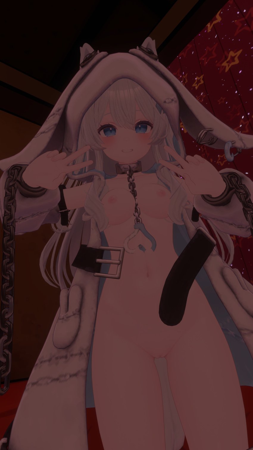 belt blue_eyes bunny_ears chains heart_symbol hood hood_up navel nipples original pussy silver_hair smile v_sign vrchat