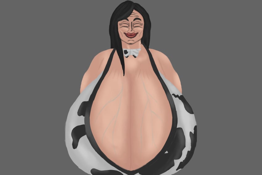 aged_up alkaline6022 black_hair bowtie bursting_breasts cow_print final_fantasy_vii final_fantasy_vii_remake gigantic_breasts hag milf older_female smiling_at_viewer stretch_marks tifa_lockhart veiny_breasts wrinkles