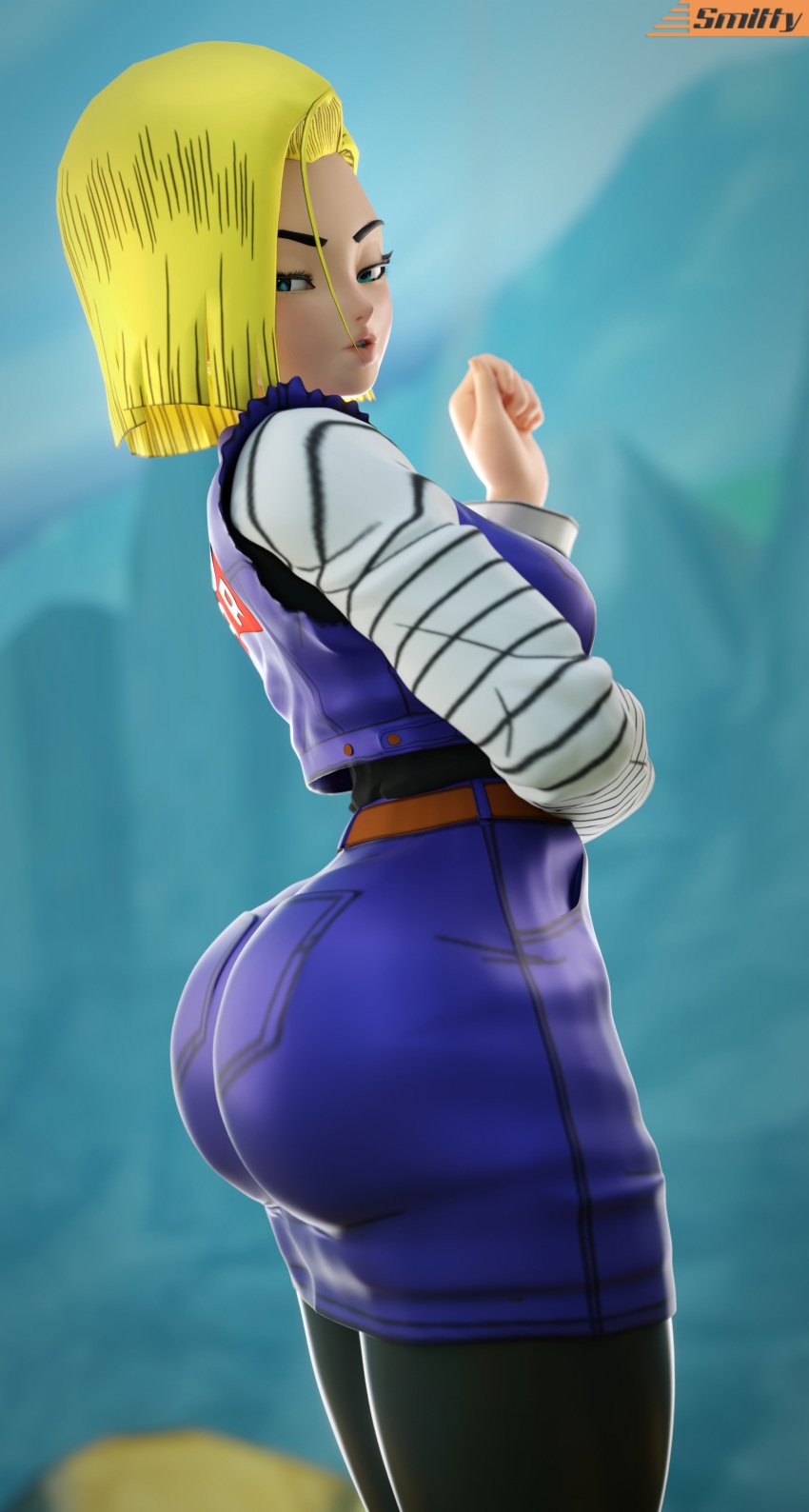 3d 3d_(artwork) android_18 ass ass_focus blender_(software) blonde_female blonde_hair dragon_ball dragon_ball_z jean_skirt large_ass skirt smitty34 voluptuous voluptuous_female