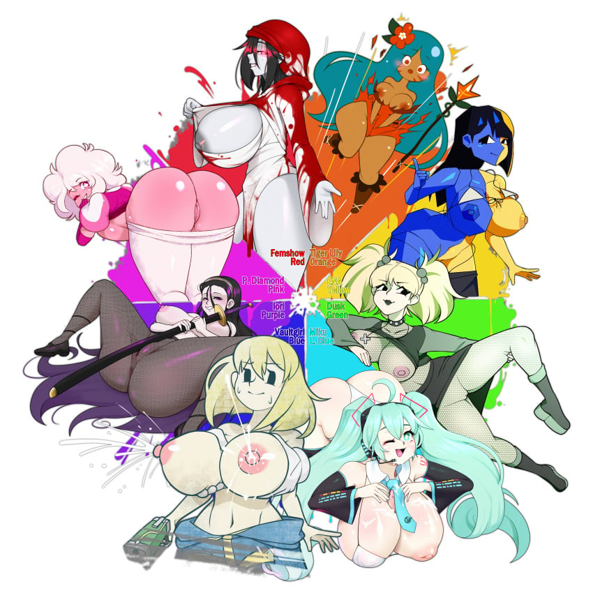 big_breasts black_hair blonde_hair blue_eyes blue_hair candy clothing color_wheel_challenge cookie cookie_run dusk_(hex_girls) dyed_hair ena ena_(series) fallout fishnets hatsune_miku iori_(library_of_ruina) lactation library_of_ruina long_hair mob_face multiple_girls pale_skin pink_diamond_(steven_universe) project_moon purple_hair rose_quartz_(steven_universe) scooby-doo short_hair steven_universe thick_thighs tiger_lily_cookie vocaloid