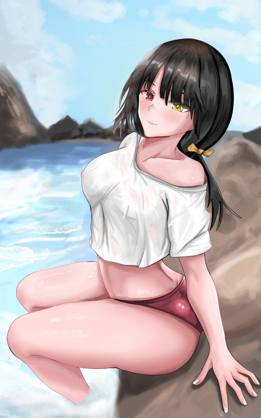 2d 2d_(artwork) ass black_hair breasts clothed date_a_live female female_only heterochromia light-skinned_female looking_at_viewer nipple_bulge nipples_visible_through_clothing red_eyes sea short_hair shorts sitting solo solo_female solo_focus thighs tokisaki_kurumi wet_clothes