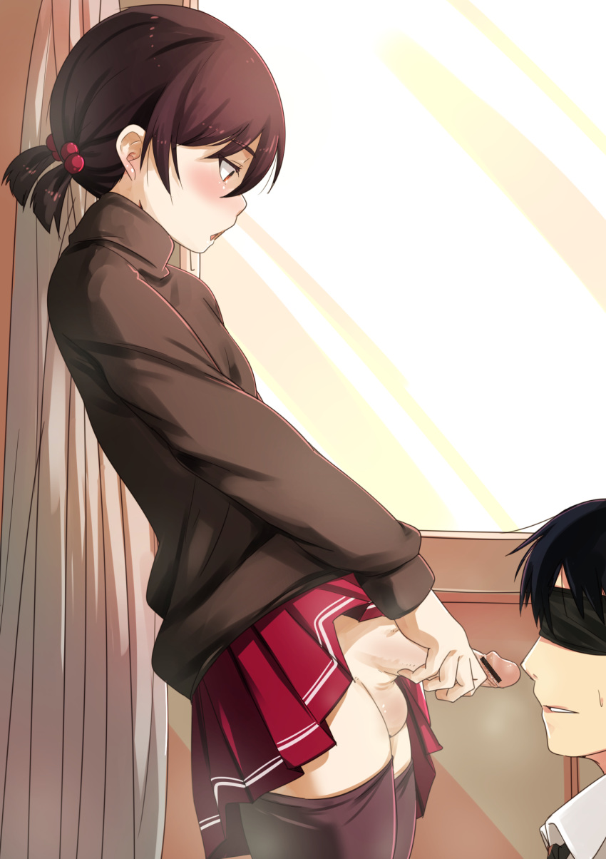 2boys black_hair blindfold blush breasts brown_hair censored crossdressing erection femboy girly highres male_only multiple_males no_panties open_mouth original penis red_eyes short_hair skirt skirt_lift smegma smell smelling_penis testicles thighhighs wachiwo yaoi