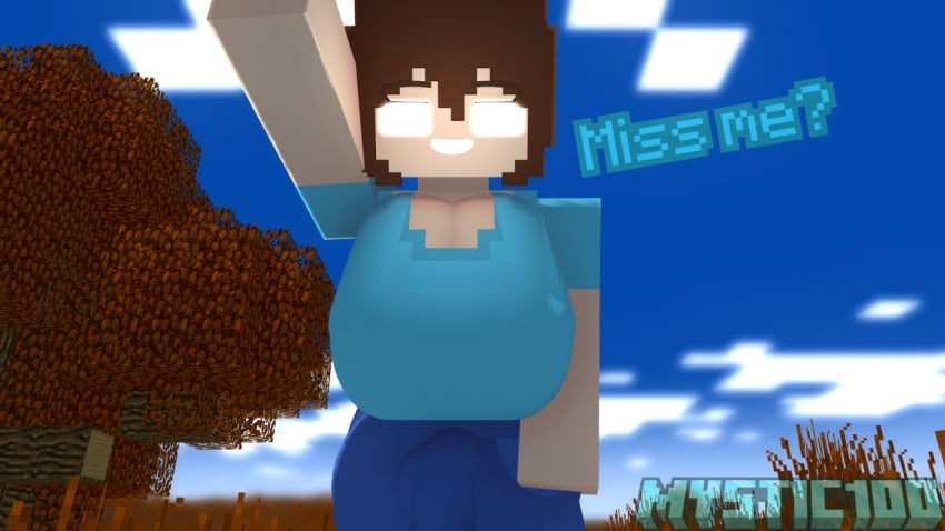 3d big_boobs big_breasts brown_hair bulge dialogue fourth_wall fourth_wall_broken futa_only futanari glowing_eyes herabrine herabrine(femherobrine) herobrina looking_at_viewer mine-imator minecraft mystic100 pale_skin talking_to_viewer text white_eyes