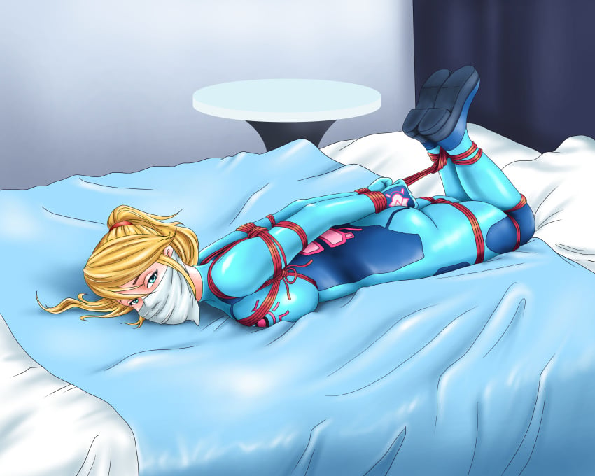 allthefantasies bed blanket blonde_hair blue_eyes bondage bound female female_only femsub fully_clothed gag gagged gloves hogtie hogtied looking_at_viewer metroid png rope samus_aran shiny_clothes tight_clothing zero_suit zero_suit_samus