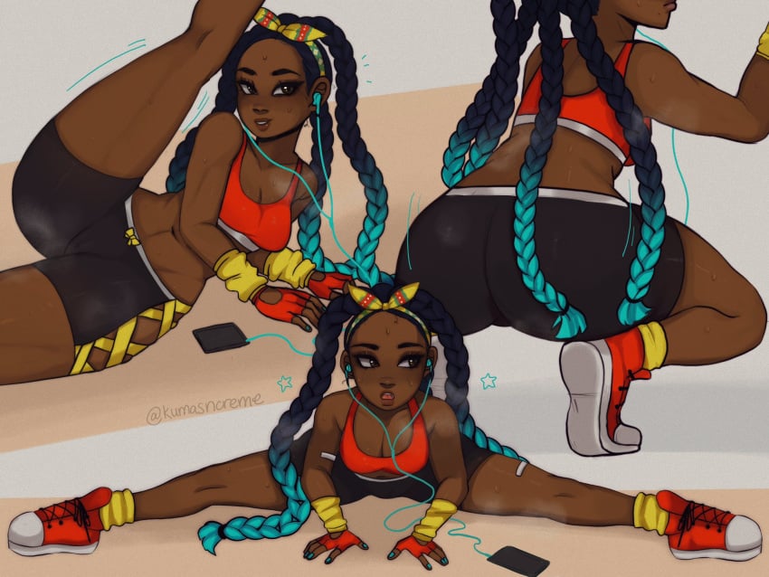 1girls abs artist_name ass blue_hair breasts capcom cleavage dark-skinned_female dark_skin earbuds female female_only fingerless_gloves fully_clothed headphones kimberly_jackson kumasncreme midriff phone shorts sneakers solo solo_female splits squatting stars steam steaming_body street_fighter street_fighter_6 stretching sweat sweatdrop twintails two_tone_hair