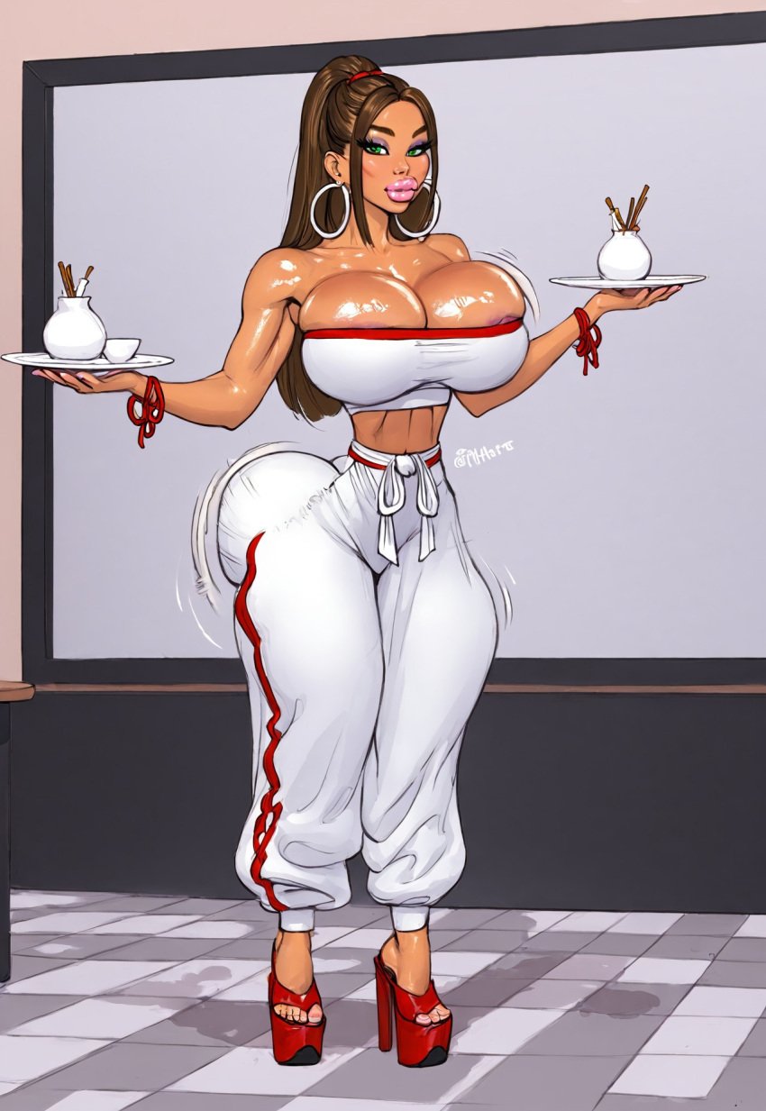 2d_(artwork) ai_art ai_generated asian asian_female bangs bimbo bimbo_body bimbo_lips breasts_bigger_than_head brown_hair dumptruck_ass green_eyes megha_luxe oc original_character phat_ass platform_heels restaurant sweatpants top_heavy tubetop