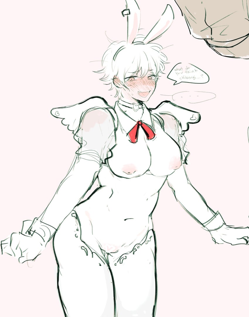 akoku alternate_costume blush breasts_out bunny_ears canon_genderswap choker cleavage english_text female female_only full-face_blush functionally_nude genderswap_(mtf) ginko_sakata gintama gintoki_sakata medium_breasts restricted_palette reverse_bunnysuit rule_63 short_hair smile solo very_short_hair wings