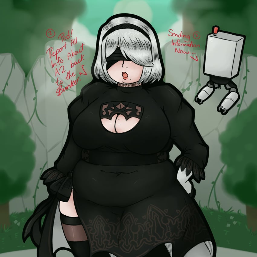 1girls bbw belly big_belly big_breasts blindfold breasts chubby clothed clothing english_text fat female female_focus hairband light-skinned_female light_skin nier nier:_automata obese overweight pod_(nier) realisticdino short_hair text thighhighs white_hair yorha_2b