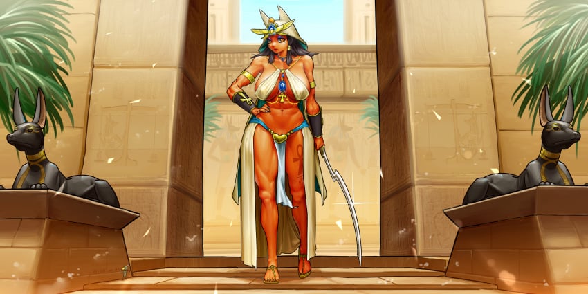 abs alliend13 amber_eyes ankh ankh_tattoo athletic_female black_hair bocas_top bracelet egyptian fit_female headwear holding_weapon huge_breasts loincloth long_hair looking_at_viewer original original_character sword voluptuous