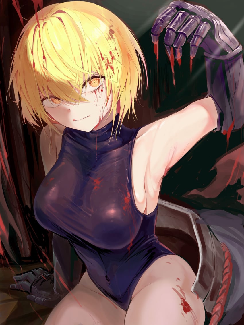 1girls big_breasts blonde_hair blood cleavage don_quixote_(limbus_company) female gauntlets limbus_company project_moon short_hair thick_thighs yellow_eyes