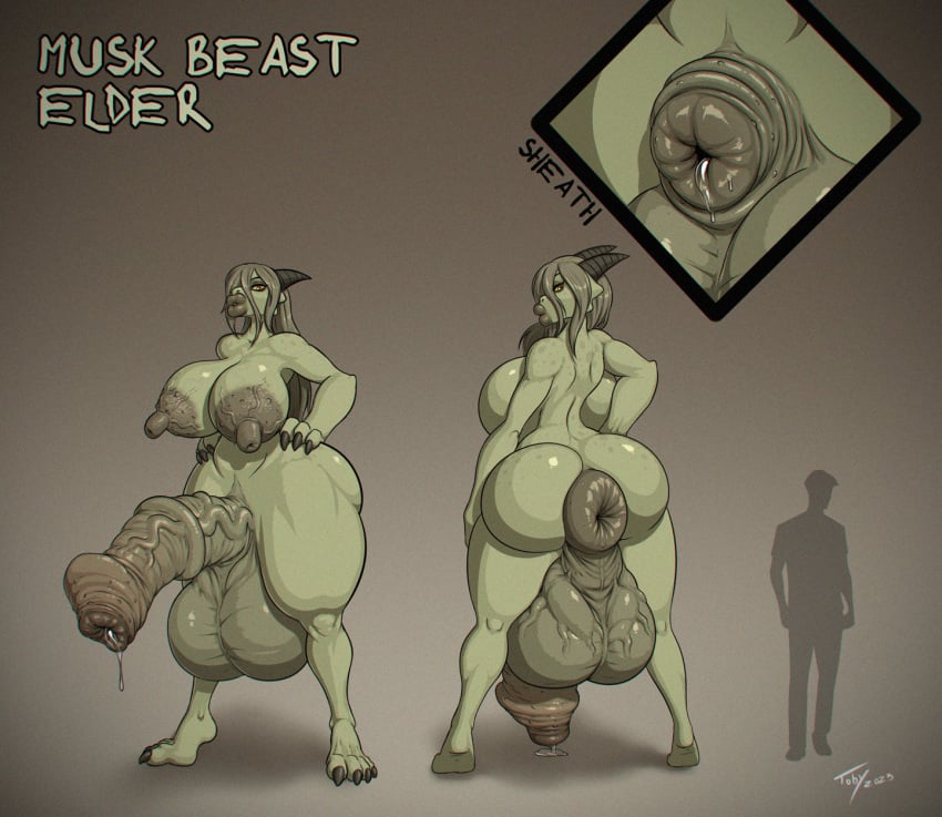 animal_genitalia anthro anus areola ass backsack balls big_balls big_breasts big_penis biped bodily_fluids breasts claws foreskin genital_fluids genital_raphe genitals gynomorph hair half-erect hi_res horn huge_balls huge_breasts huge_cock hybrid_genitalia hybrid_penis hyper hyper_balls hyper_genitalia hyper_penis intersex medial_ring musk_beast_(evol) nipples penis perineal_raphe perineum precum puffy_anus raphe_(anatomy) scalie scrotal_raphe sheath solo toby_art