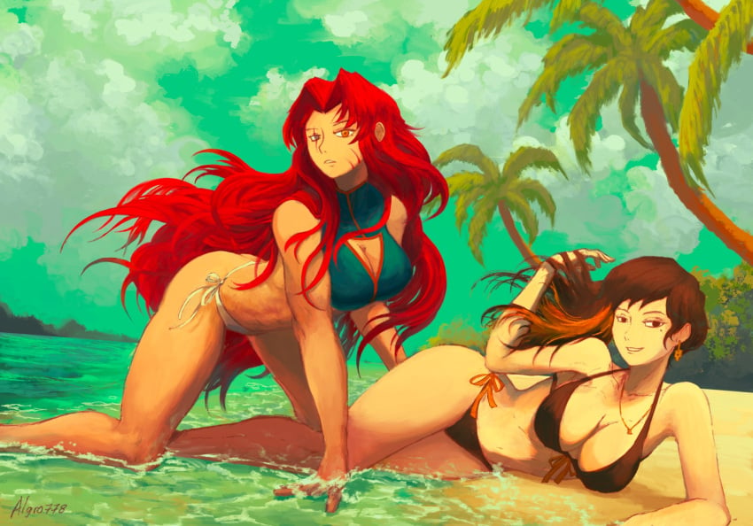 2girls beach bikini binah binah_(project_moon) black_hair cleavage gebura_(lobotomy_corporation) heterochromia library_of_ruina lobotomy_corporation project_moon red_hair scar seaside