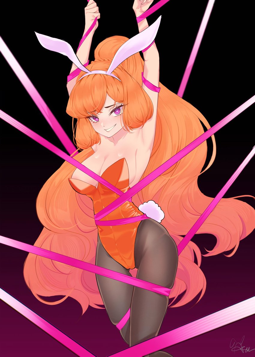 1girls big_breasts bunny_ears bunny_tail cleavage clothing corset female ginger ginger_hair heart-shaped_pupils ishmael_(limbus_company) limbus_company long_hair looking_at_viewer orange_hair pink_eyes pink_shoes_(limbus_company) ponytail project_moon restrained sideboob upscaled