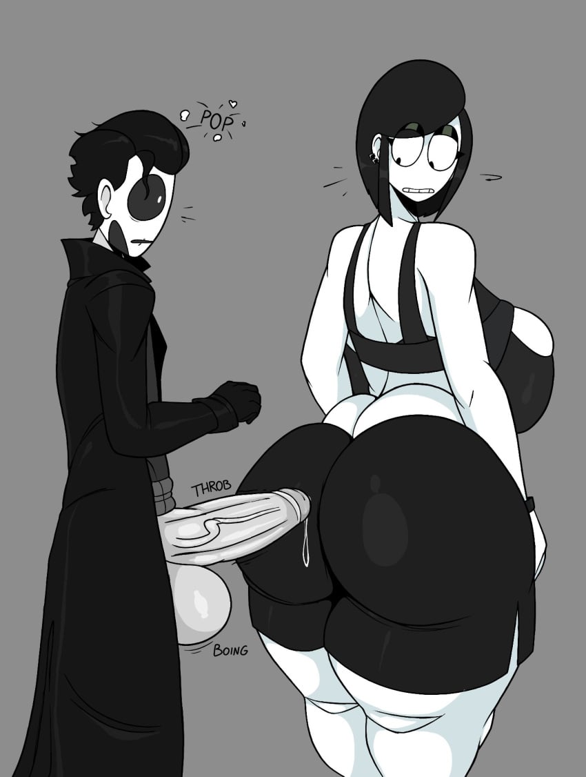 1boy1girl 2024 black_hair ear_piercing embarrassed erection ethan_(theimmortalguy) fanart goth goth_girl gym_clothes huge_ass huge_breasts huge_cock huge_cock imminent_sex looking_at_ass penis_awe penis_poking_ass poking_ass short_hair sudden_erection surprised surprised_expression text theimmortalguy thought_bubble veronica_(saltynoodles) white_skin