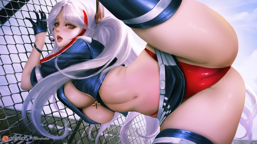 1girls black_gloves cameltoe female fence gloves headset_microphone holding_fence iron_blood_(azur_lane) kukuyosama leaning_against_fence leaning_against_wall leaning_forward light-skinned_female light_skin long_hair midriff miniskirt open_jacket patreon_logo patreon_username prinz_eugen_(azur_lane) prinz_eugen_(final_lap)_(azur_lane) racing_suit red_streak red_thong signature streaked_hair thick_thighs thigh_highs thighhighs thighs thong turewindwalker underboob white_hair