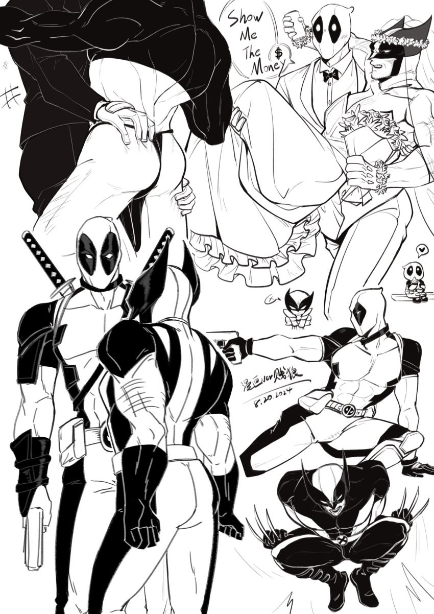 2boys ass ass_focus ass_grab back big_ass big_ass_(male) bridal_gauntlets claws couple deadpool gay height_difference husband_and_husband james_howlett male male/male male_only marvel marvel_comics mask muscular_male revealing_clothes short_hair siyi1996 superhero_costume wade_wilson wedding_dress wolverine_(x-men) x-men yaoi