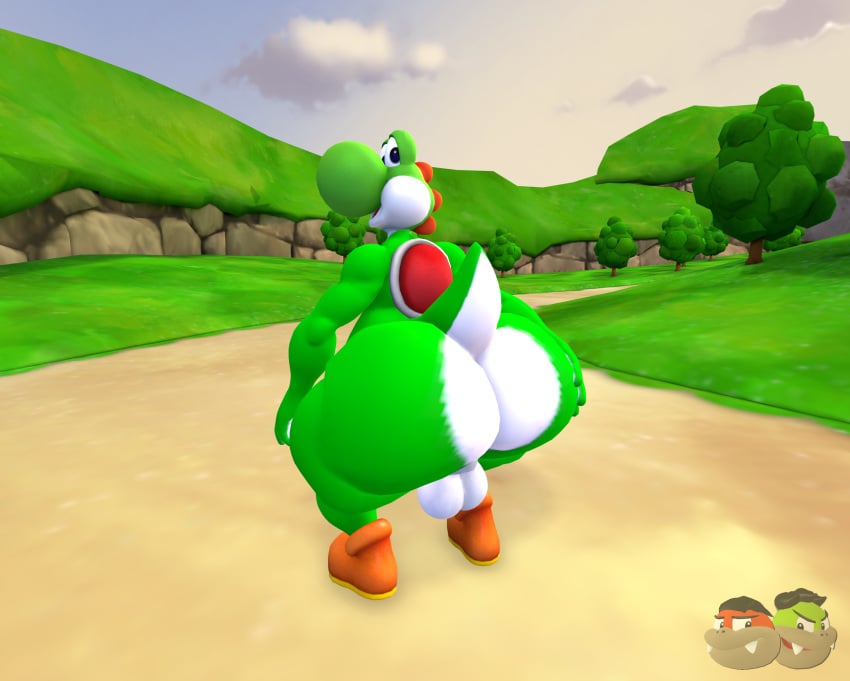 3d_(artwork) anthro ass balls big_butt clothing crouching dinosaur footwear genitals grass green_body green_scales green_skin green_yoshi hand_on_butt hi_res huge_butt kanebrentkoopa looking_at_viewer looking_back looking_back_at_viewer male mario_bros nintendo nude plant prehistoric_species public public_nudity rear_view reptile scales scalie sfm shoes solo source_filmmaker thick_thighs tree wide_hips yoshi yoshi_(character)