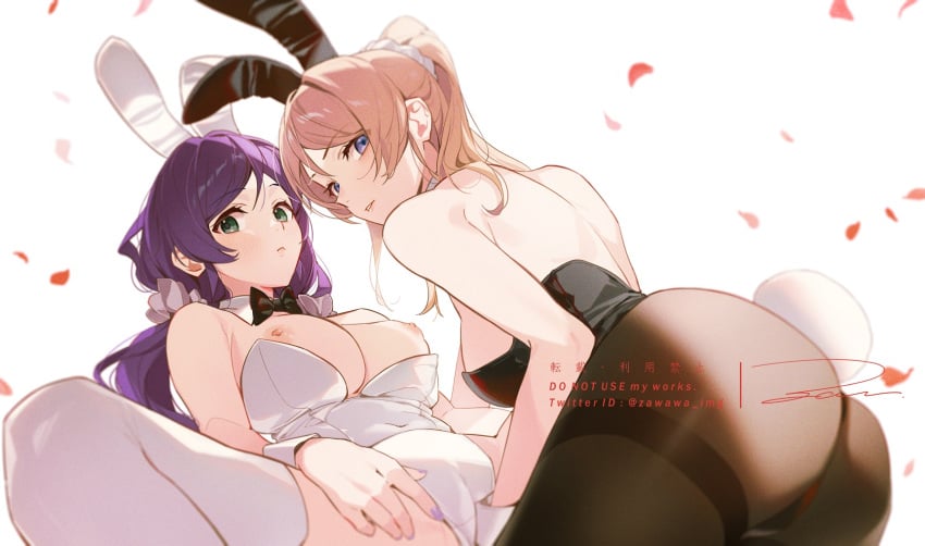 2girls animal_ears ayase_eli black_dress blonde_hair blue_eyes dress green_eyes hair_ornament hair_scrunchie highres looking_at_viewer love_live! love_live!_school_idol_project multiple_girls nipples non-web_source pantyhose pink_scrunchie playboy_bunny purple_hair rabbit_ears rabbit_tail scrunchie tail thighhighs toujou_nozomi watermark white_background white_dress white_scrunchie white_thighhighs yuri zawawa_(satoukibi1108)