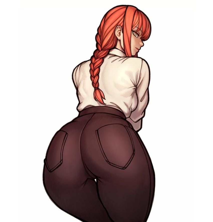 absurdres ass ass_focus black_pants braid braided_ponytail chainsaw_man female female_focus highres huge_ass looking_at_viewer looking_back makima_(chainsaw_man) pants red_hair redteneri shirt solo white_background white_shirt