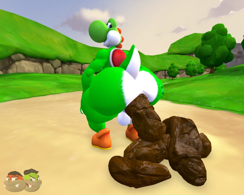 3d_(artwork) anthro ass balls big_butt clothing crouching dinosaur feces footwear genitals grass green_body green_scales green_skin green_yoshi hand_on_butt hi_res huge_butt kanebrentkoopa looking_at_viewer looking_back looking_back_at_viewer male mario_bros nintendo nude plant pooping_on_floor prehistoric_species public public_nudity rear_view reptile scales scalie scat scatplay sfm shoes solo source_filmmaker tecbuttlovefa thick_thighs tree wide_hips yoshi yoshi_(character)