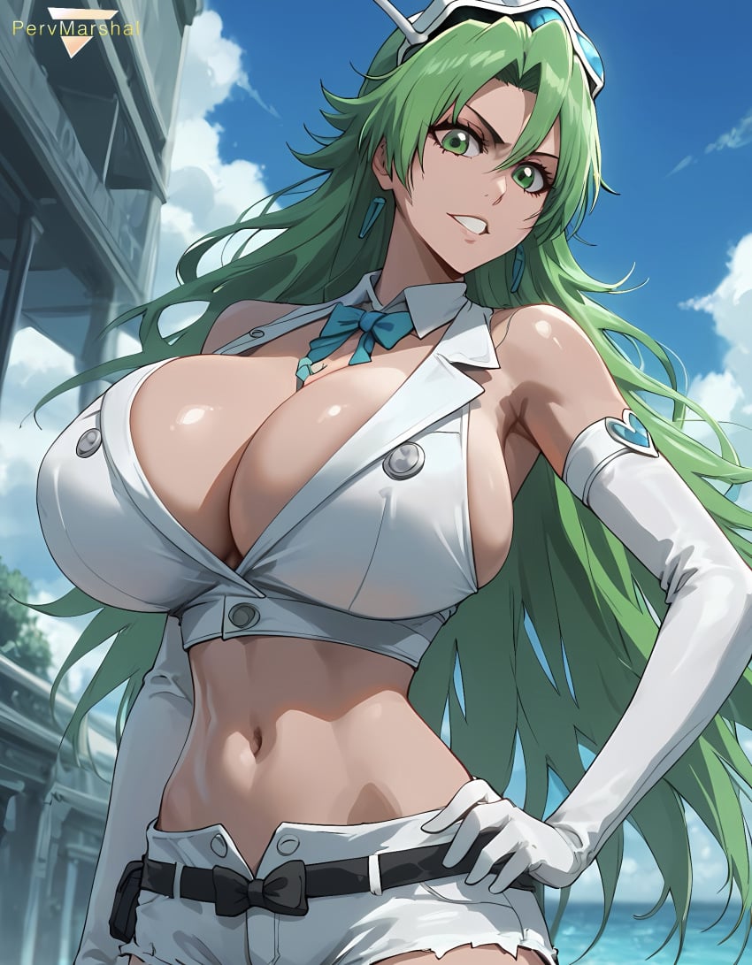 1girls ai_generated big_penis bleach candice_catnipp elbow_gloves evil_smile female female_only green_eyes huge_breasts long_hair marshalperv narrow_waist pervmarshal solo tagme white_clothing white_shorts