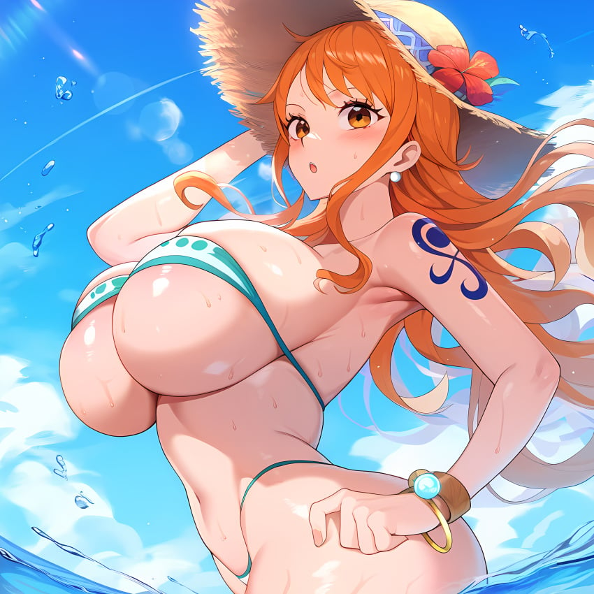 1girls :o ai_generated almost_naked arched_back arm_tattoo arm_up armpits background barely_clothed beach big_ass big_breasts bikini blush bracelet bursting_breasts clenched_hand curvy day ear_piercing female female_focus female_only fit_female floating_hair from_side hair_over_shoulder hat hat_flower hi_res highleg highleg_bikini highres holding_hat huge_breasts in_water izacru0 jewelry large_ass large_breasts lens_flare light_skin long_hair micro_bikini nami nami_(one_piece) navel ocean one_piece open_eyes open_mouth orange_eyes orange_hair outdoors pearl_earrings pose posing sea side_view sideboob skin_tight skindentation sky slim_waist solo solo_female solo_focus stomach strapless strapless_bikini strapless_bra straw_hat submerged sunlight sweat sweatdrop tattoo thick thick_ass thin_waist underboob upper_body very_high_resolution water water_drop wet wet_body wide_hips