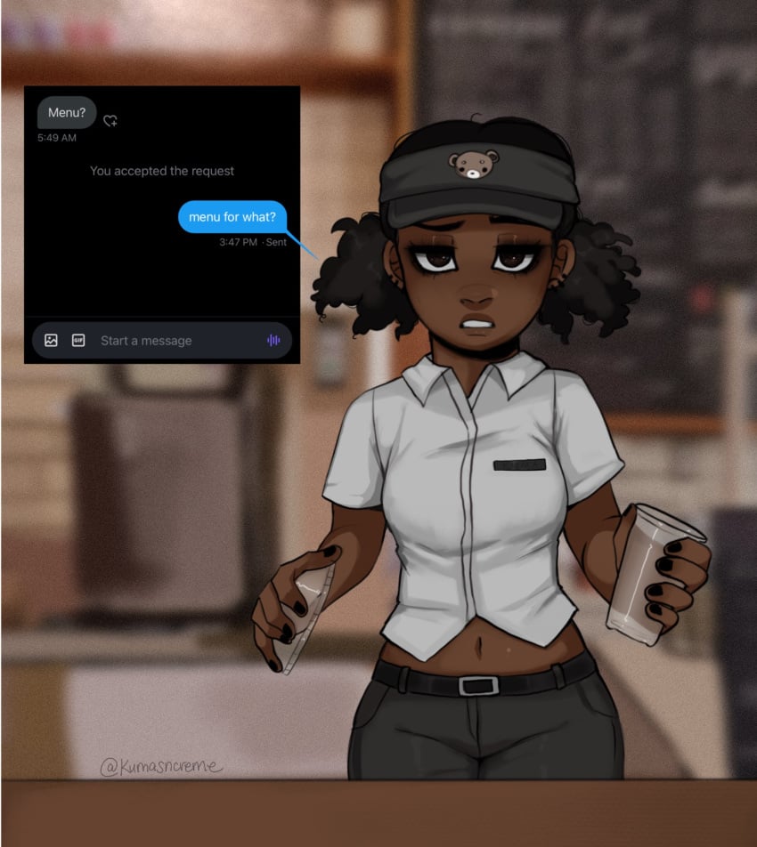 1girls artist_name barista belly_button black_fingernails black_hair cafe coffee_cup dark-skinned_female dark_skin female hat kuma_(kumasncreme) kumasncreme looking_at_viewer midriff original solo solo_female text text_message