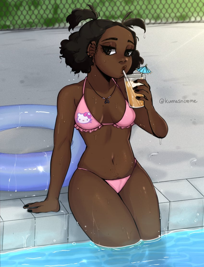 1girls artist_name black_fingernails black_hair cup dark-skinned_female dark_skin drink drinking female hello_kitty hello_kitty_(series) kumasncreme midriff necklace pool poolside sanrio solo solo_female straw swimsuit swimwear wet