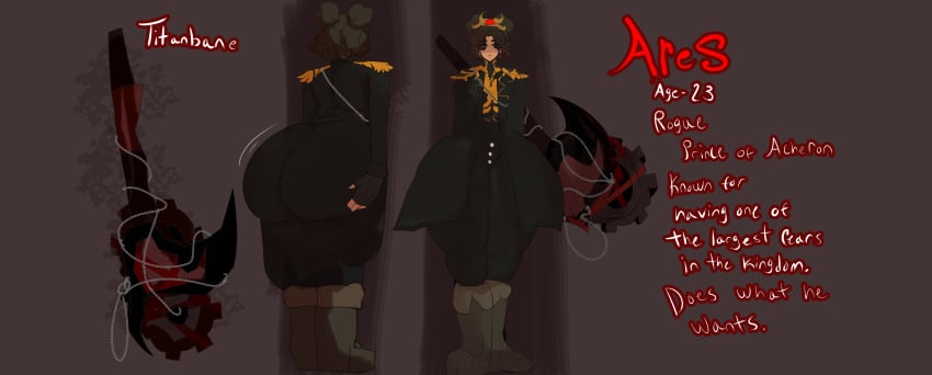 ares big_ass bio boots buns chains crown dark_clothing dark_hair femboy heterochromia huge_ass long_hair melissaalli oc original_character prince space_buns tagme weapon wide_hips