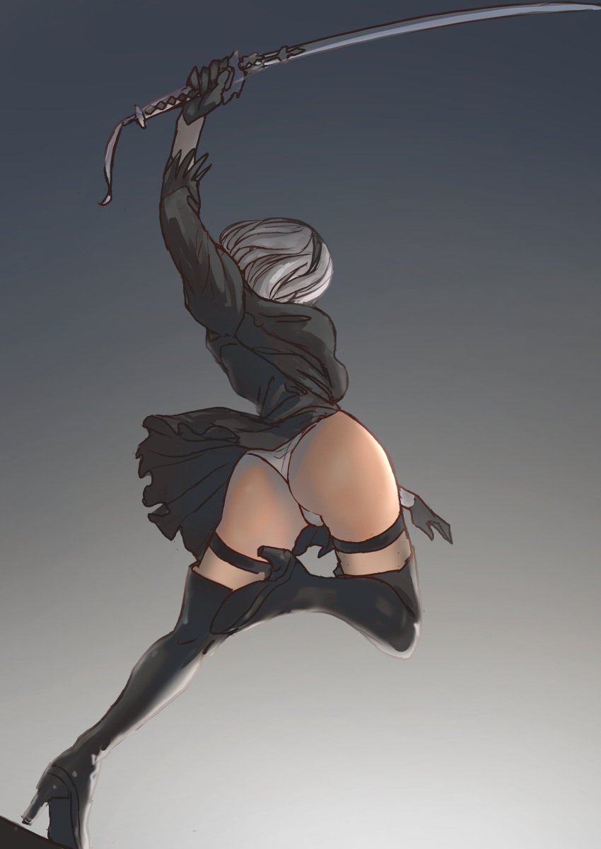 1girls ass ass_focus big_ass clothing female female_only hairband leotard light-skinned_female light_skin nier nier:_automata short_hair solo thick_thighs thong uru_(uru0000) white_hair white_thong yorha_2b