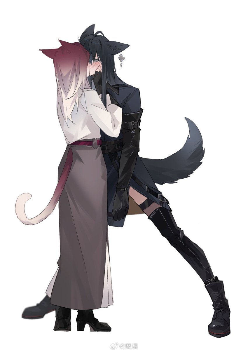 blush blush cat_ears cat_tail catgirl clothed clothing feline kissing kissing larger_female legs_apart mllx777 path_to_nowhere rahu_(path_to_nowhere) scar_on_face scars shalom_(path_to_nowhere) skirt smaller_female stockings taller_female wolf wolf_ears wolf_girl wolf_tail yuri