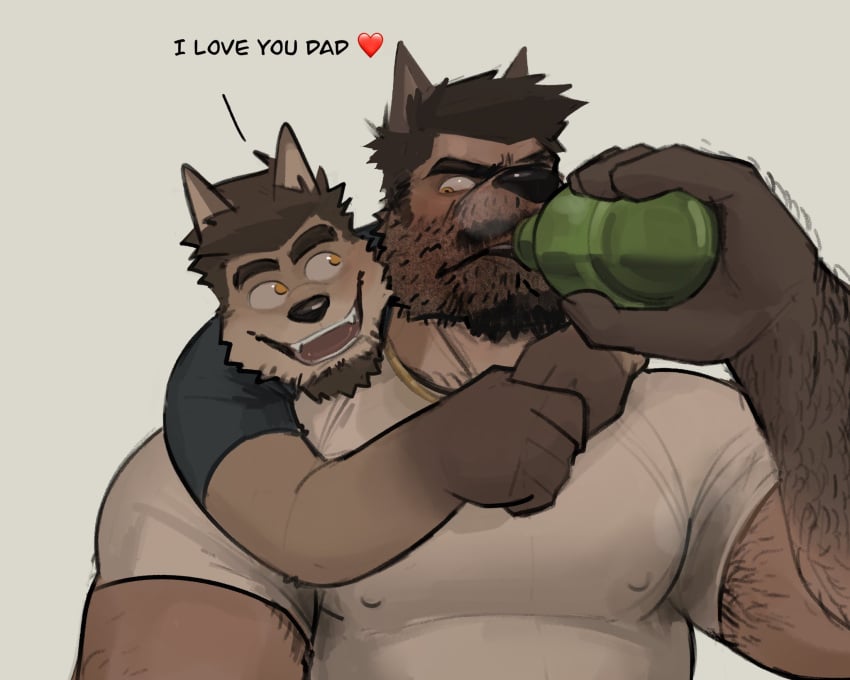 2boys age_difference anthro arm_hair arms_wrapped_around_partner bara beard beverage bigger_male black_text blue_shirt blush bottle brown_body brown_fur brown_hair brown_skin dilf drink drinking emoji english_text facial_hair father father_and_son fred_(kenkudog) furry gay green_bottle heart heart_emoji heart_emote height_difference incest jewelry kenkudog love male male/male male_only moustache muscles muscular muscular_anthro muscular_male mustache necklace nipples_visible_through_clothing sharp_teeth size_diffence smile smiling smiling_at_partner speech sweat sweaty_armpits text white_background white_shirt yaoi yellow_eyes