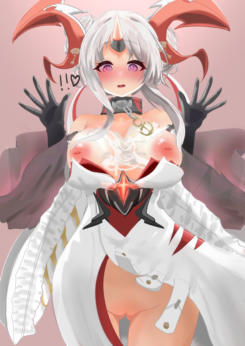 !! 1girls @_@ areolae azur_lane black_gloves blush breasts clothing cum cum_on_breasts embarrassed female female_only gloves heart horns huge_breasts kyouhare_chan light-skinned_female light_skin nipples nose_blush pink_eyes pussy sakura_empire_(azur_lane) solo surprised watarase_(azur_lane) white_hair